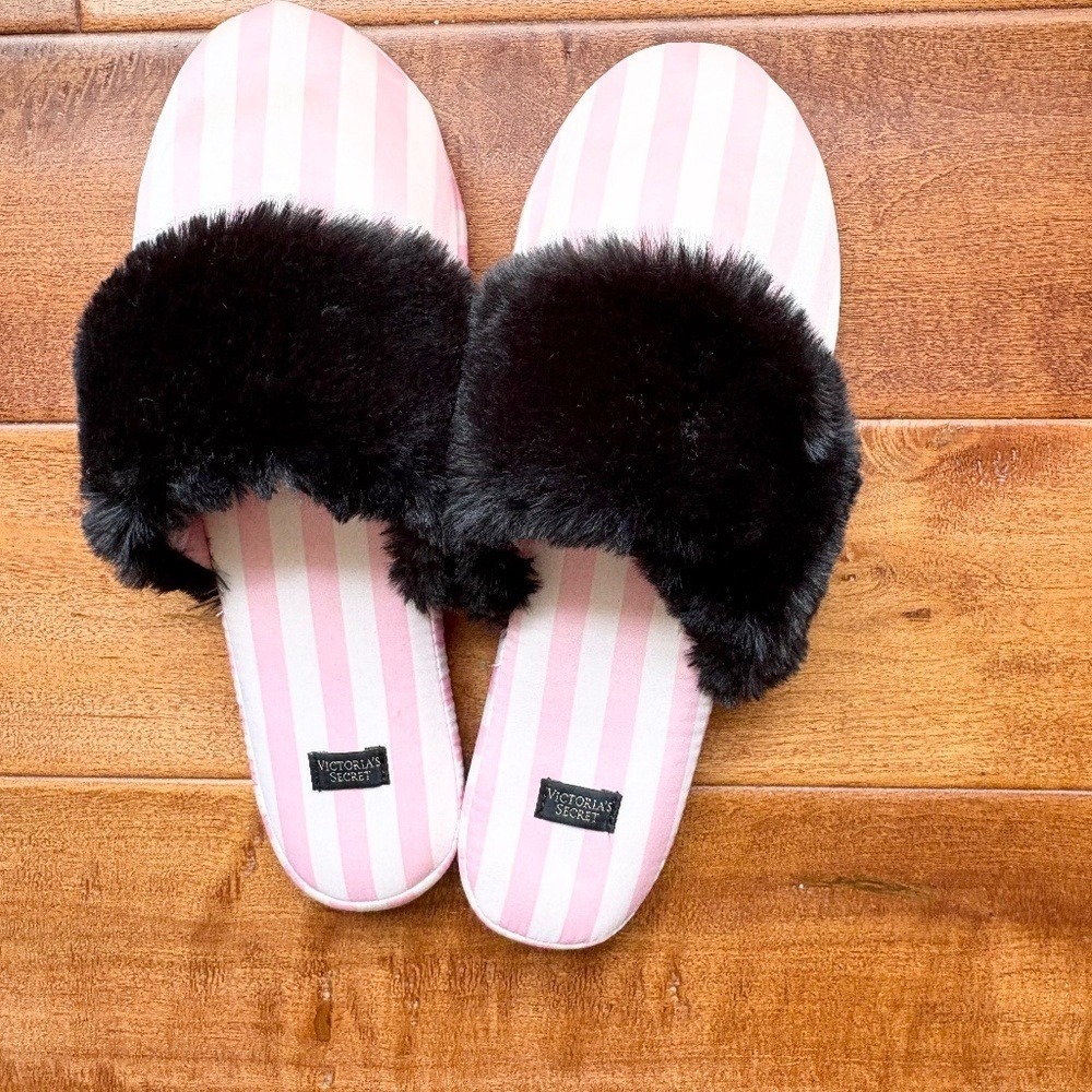 Victoria's Secret Faux Fur Striped Satin Slippers Womens M Pink Black